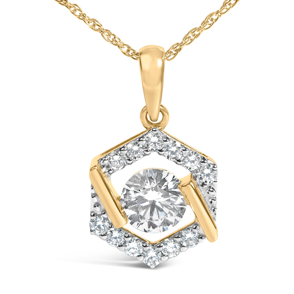 10K Yellow Gold Plated .925 Sterling Silver 1.0 Cttw Lab Grown Diamond Hexagon Halo Pendant Necklace