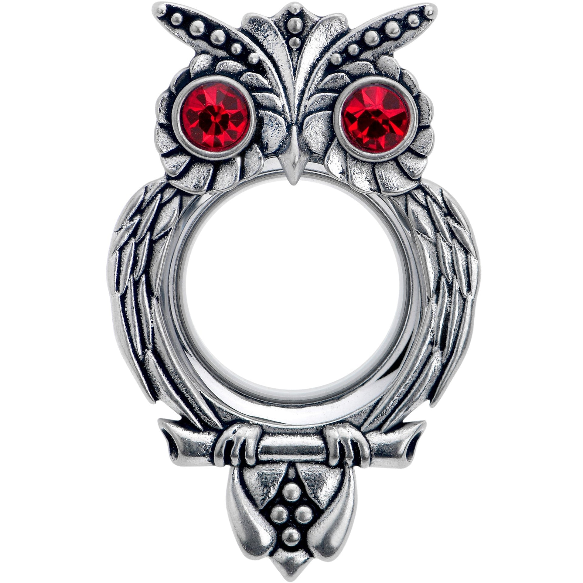 Red CZ Gem Wise Owl Screw Fit Tunnel Plug Set Available Sizes 6mm to 16mm