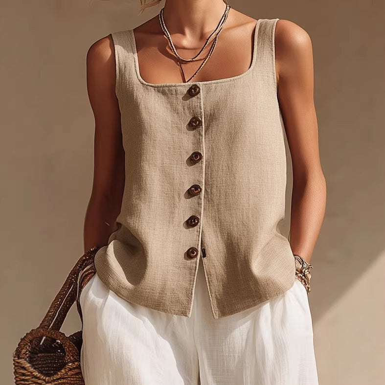 Women's Sleeveless Button-Down Top and Wide Leg Pants Set - Image 3