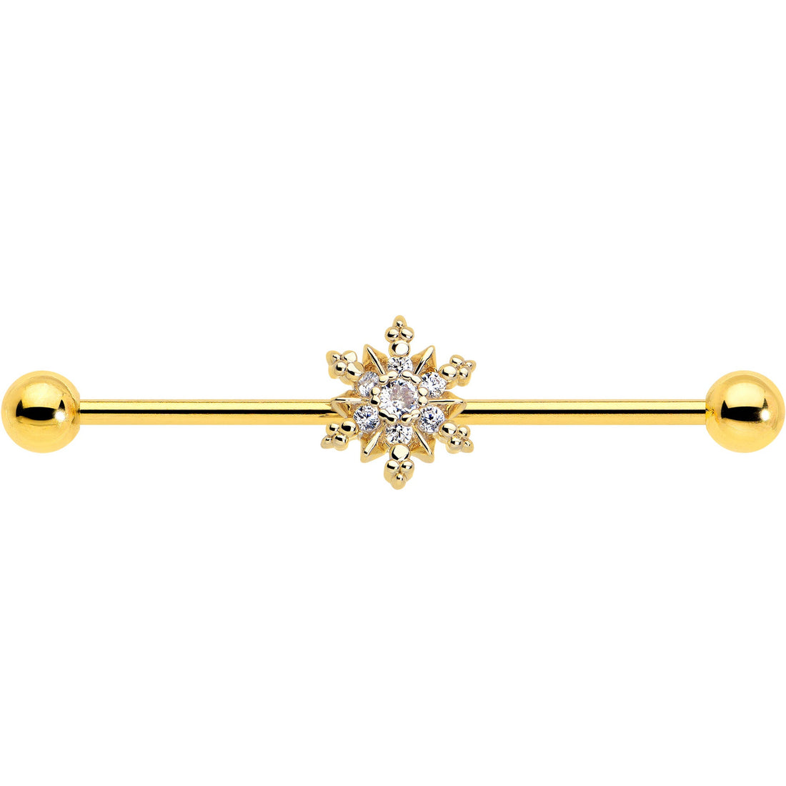 14G Clear CZ Gem Gold Tone Glam Snowflake Industrial Barbell 38mm