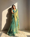 Bollywood style shaded Rama Fendy Silk saree with velvet blouse piece for wedding wear