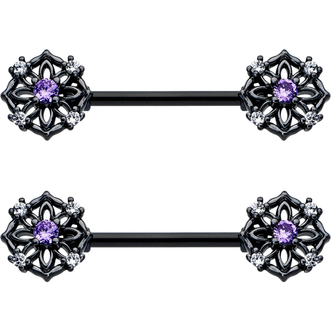 14G 9/16 Purple CZ Gem Black Flower Ring Barbell Nipple Ring Set