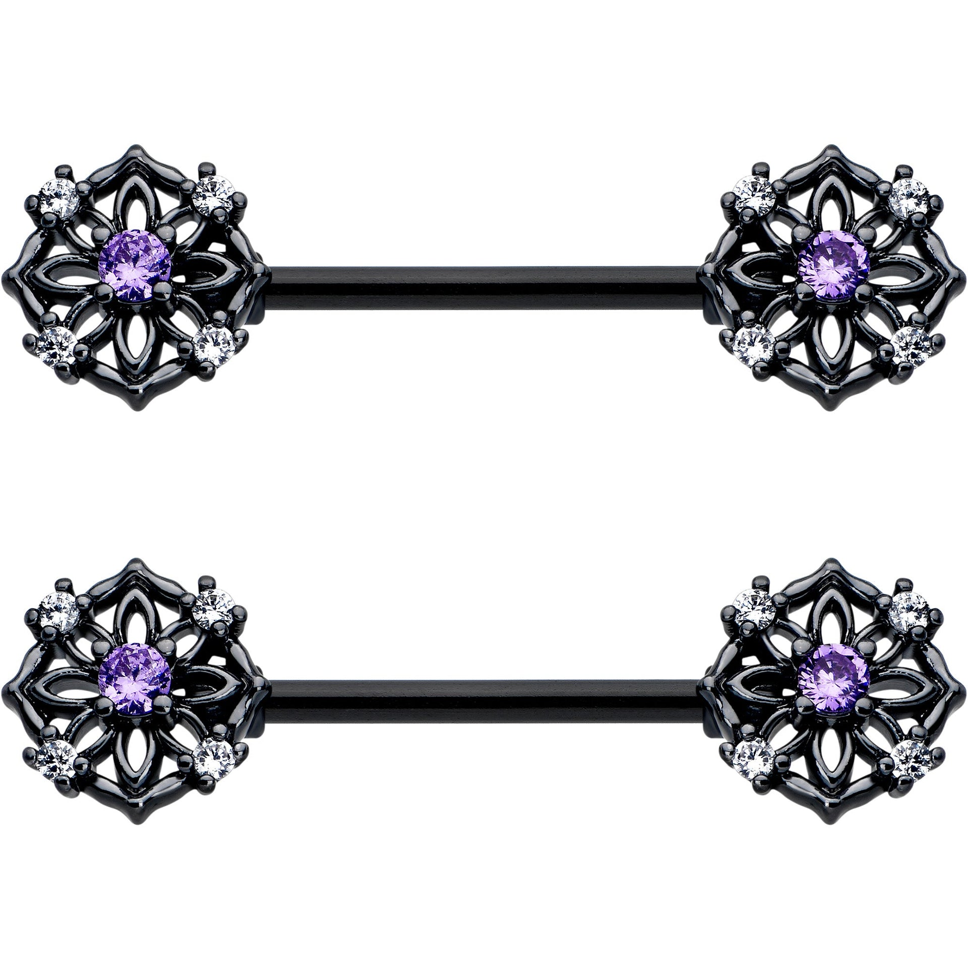 14G 9/16 Purple CZ Gem Black Flower Ring Barbell Nipple Ring Set