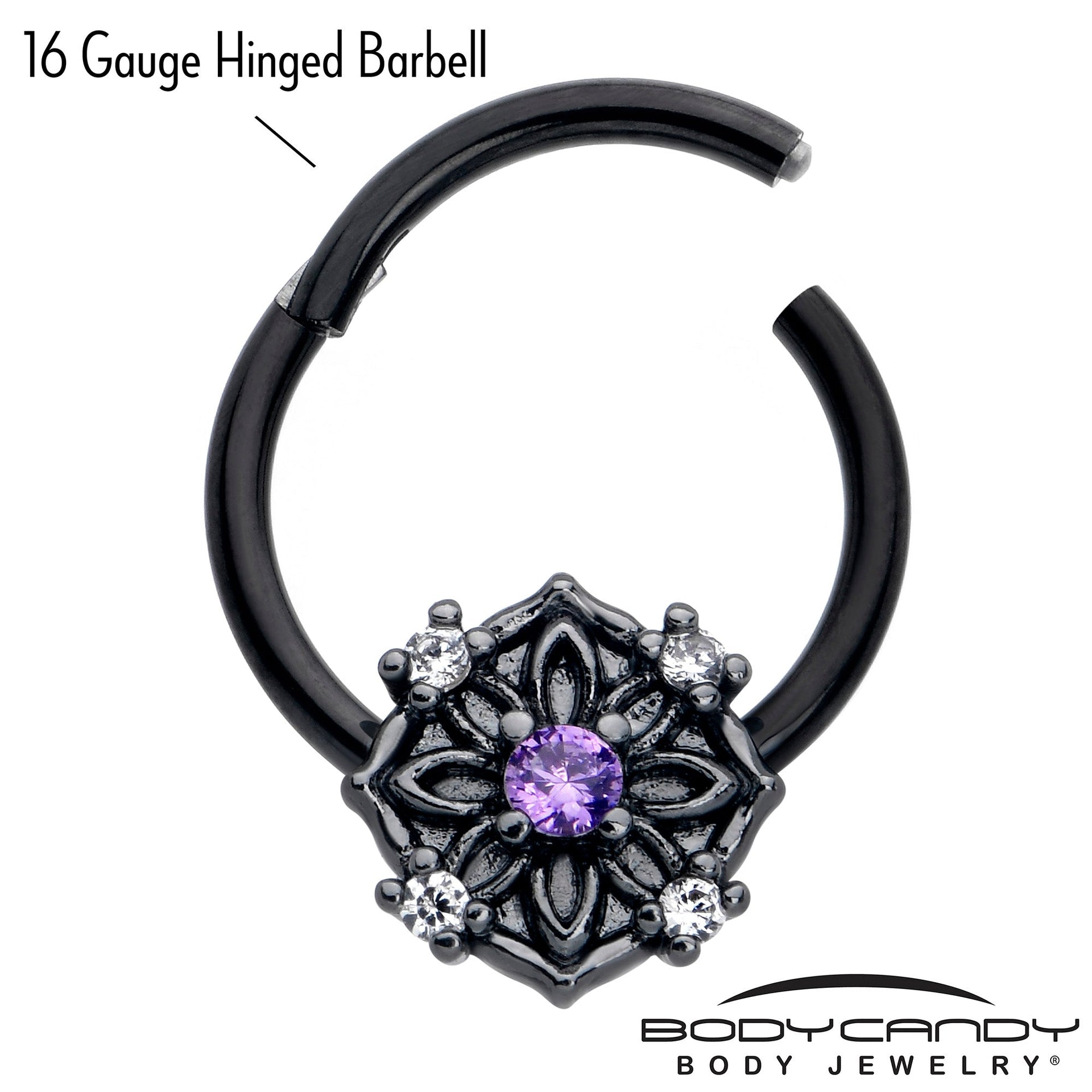 16G 3/8 Purple CZ Gem Black Flower Ring Hinged Segment Ring
