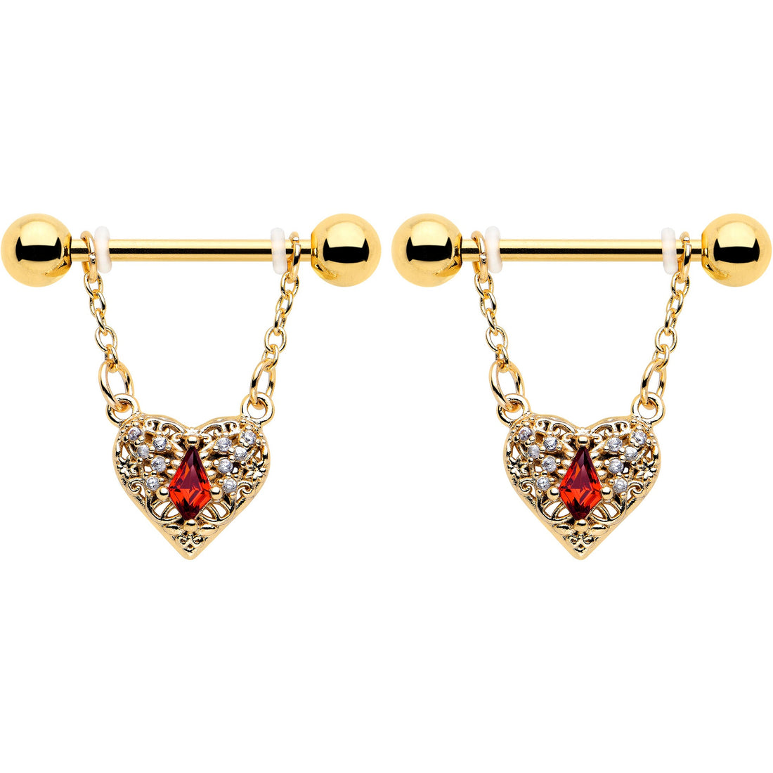 14G 9/16 Red CZ Gem Gold Tone Heart Queen Dangle Nipple Ring Set
