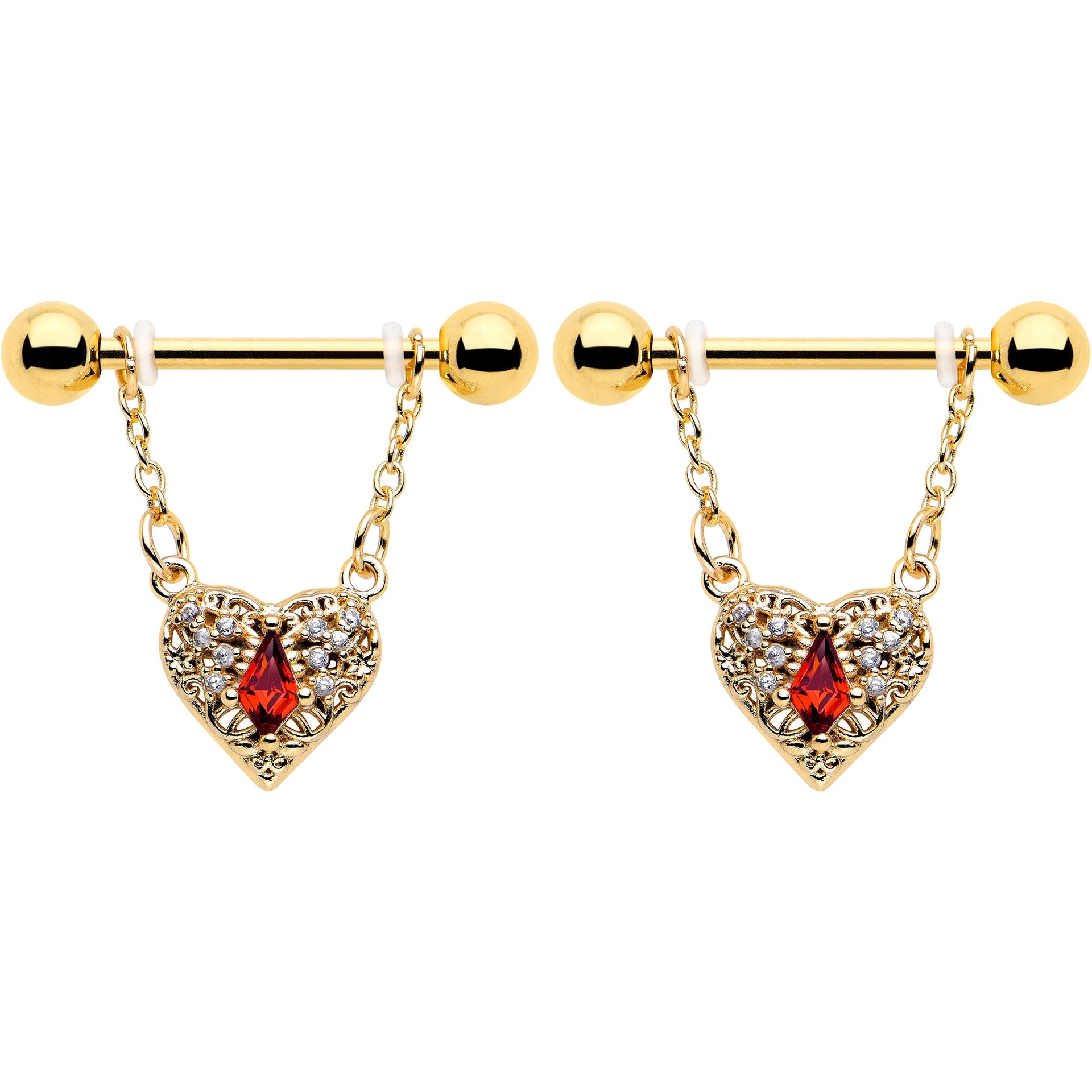 14G 9/16 Red CZ Gem Gold Tone Heart Queen Dangle Nipple Ring Set
