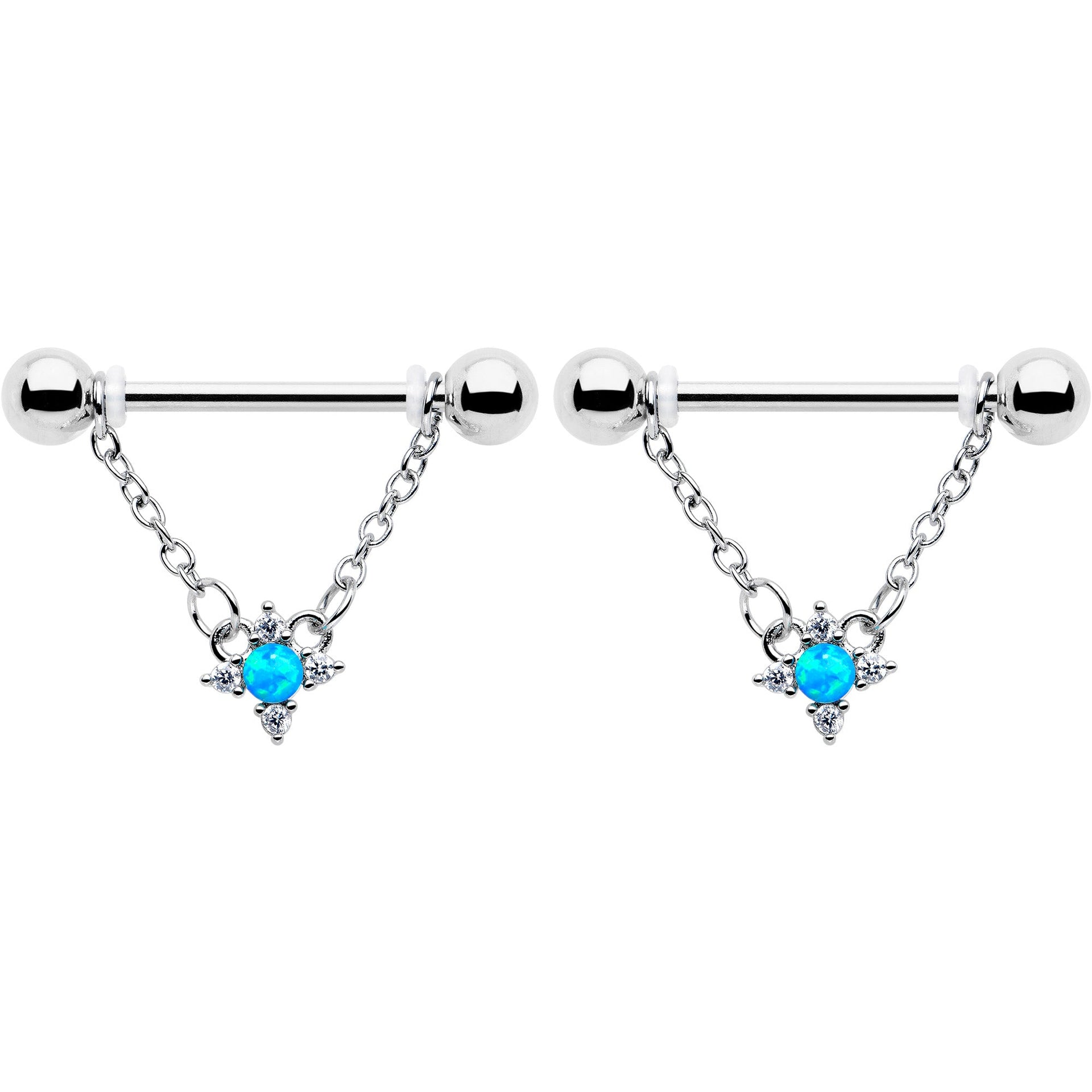 14G 9/16 Blue Synthetic Opal Rhombus Star Dangle Nipple Ring Set