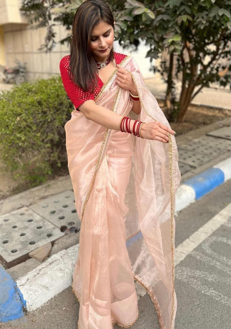 Peach Crush Tissue Silk Saree with Jacquard Weaving Blouse
