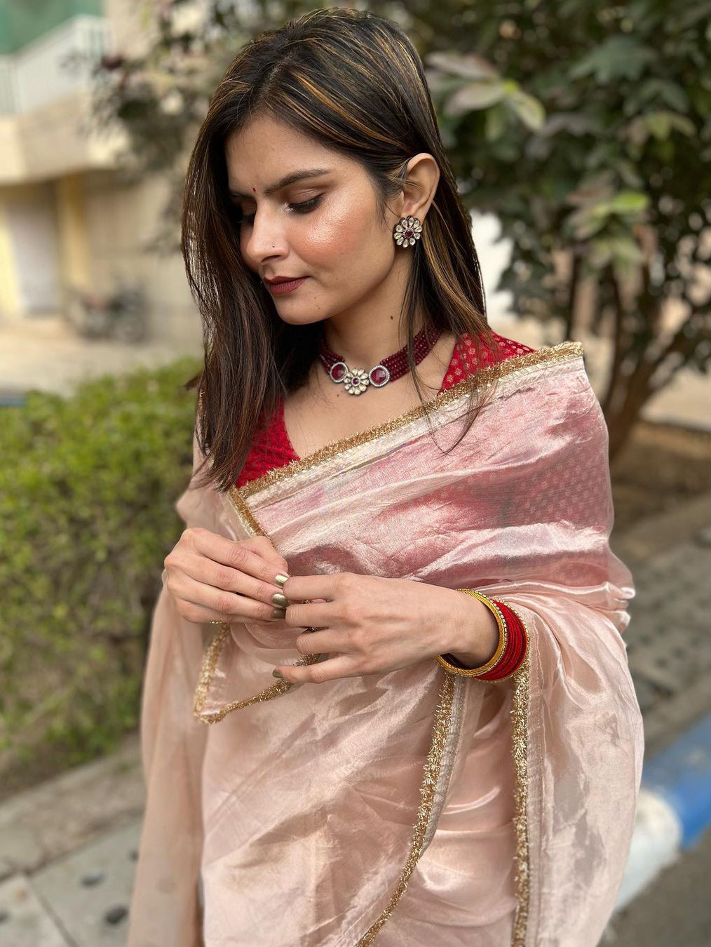 Peach Crush Tissue Silk Saree with Jacquard Weaving Blouse