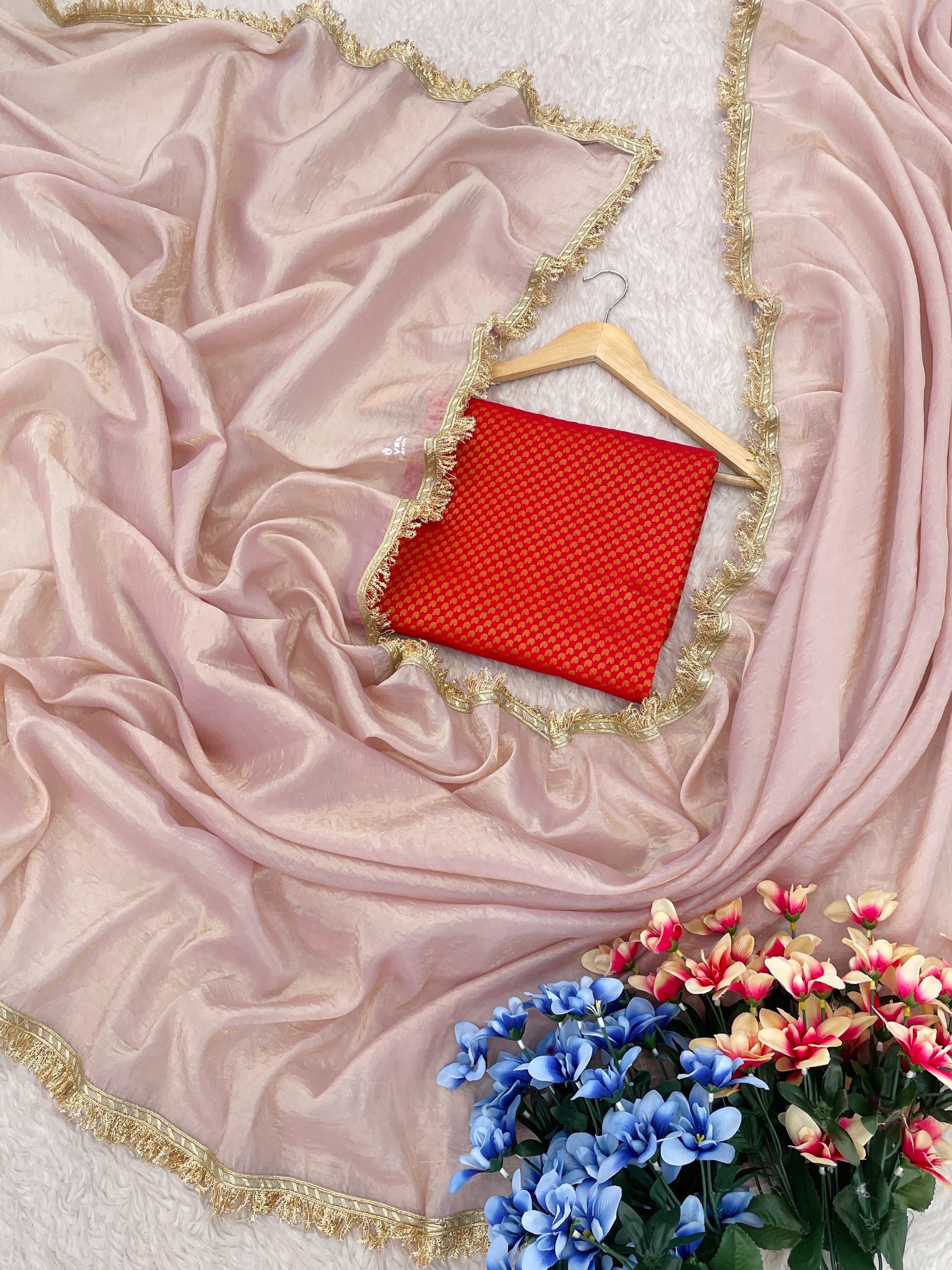 Peach Crush Tissue Silk Saree with Jacquard Weaving Blouse