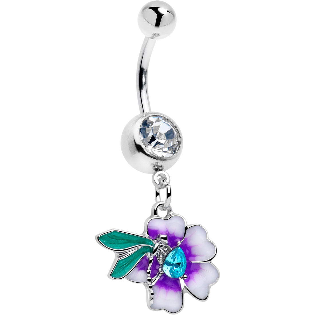 Purple Flower Belly Ring with Dragonfly Charm and Blue Gem