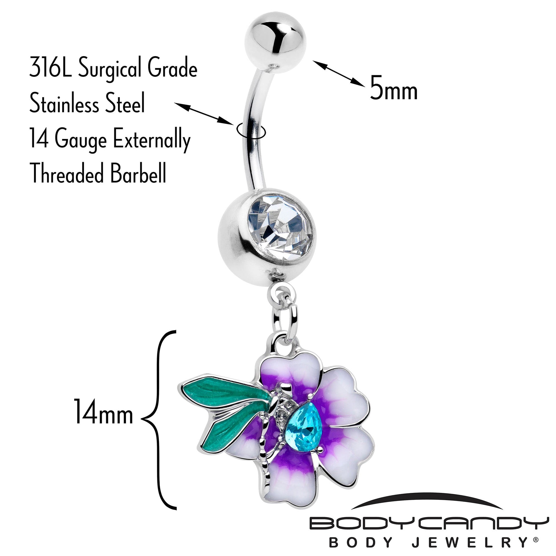 Purple Flower Belly Ring with Dragonfly Charm and Blue Gem