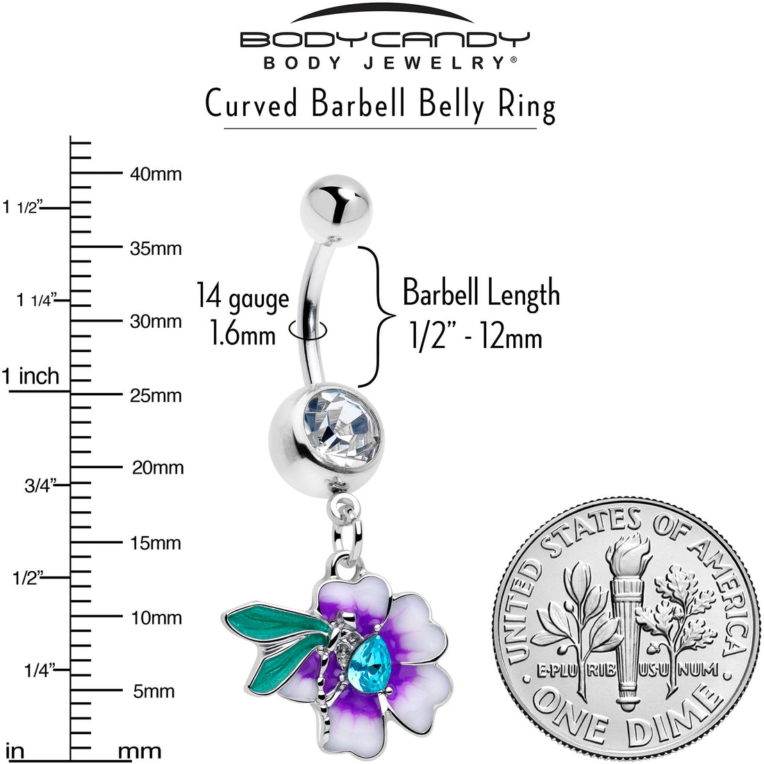 Purple Flower Belly Ring with Dragonfly Charm and Blue Gem