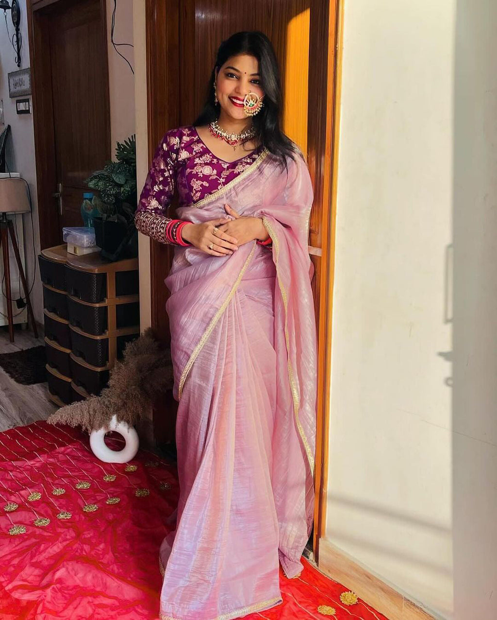 Elegant Purple Crush Tissue Silk Saree paired with a Jacquard stitched blouse