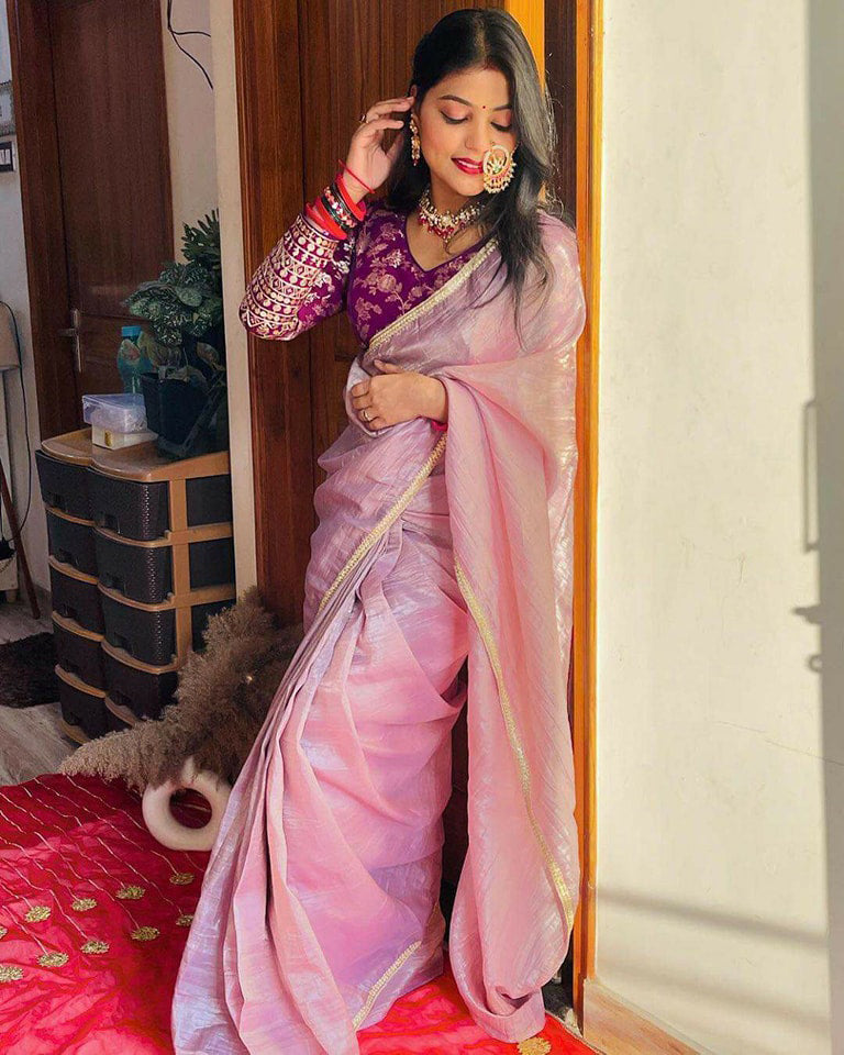 Purple Crush Tissue Silk Saree with Jacquard Weaving Stitched Blouse