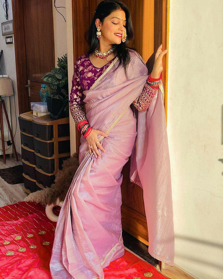 Purple Crush Tissue Silk Saree with Jacquard Weaving Stitched Blouse