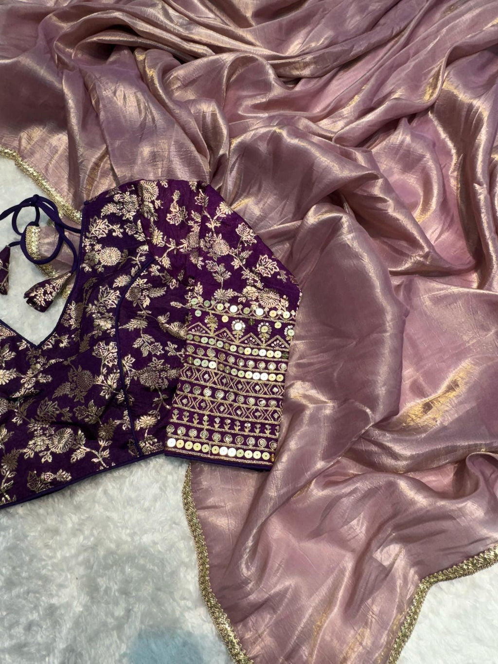 Purple Crush Tissue Silk Saree with Jacquard Weaving Stitched Blouse