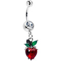 Clear red and green gem strawberry heart dangle belly ring on a silver-tone curved barbell.