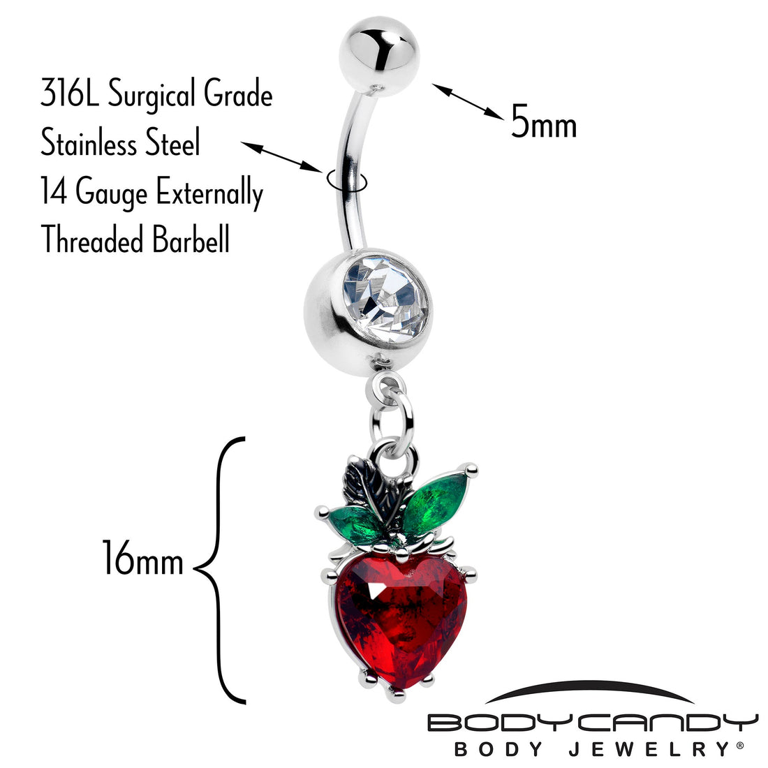 Clear Red and Green Gem Strawberry Heart Dangle Belly Ring - Image 2