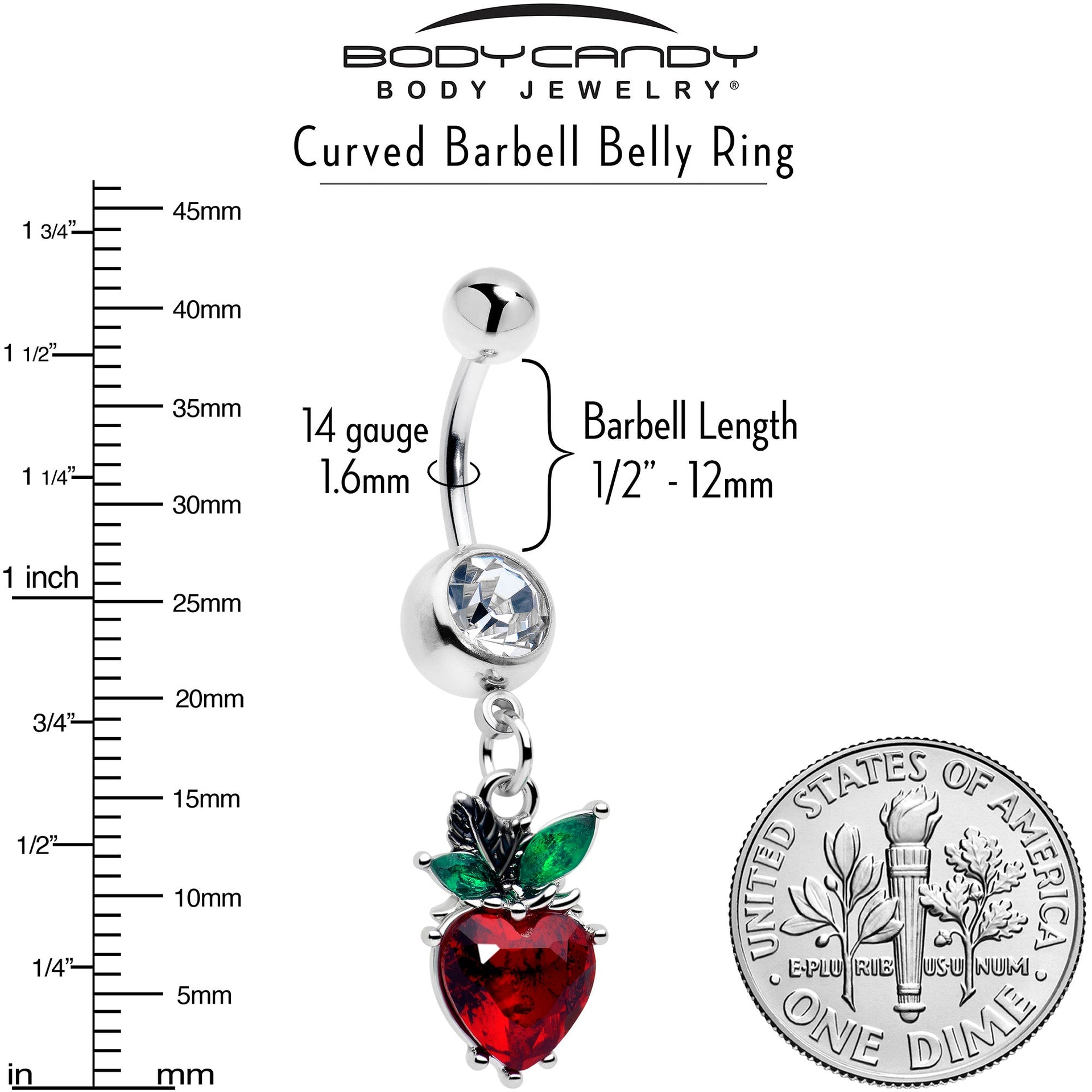 Clear Red and Green Gem Strawberry Heart Dangle Belly Ring - Image 3