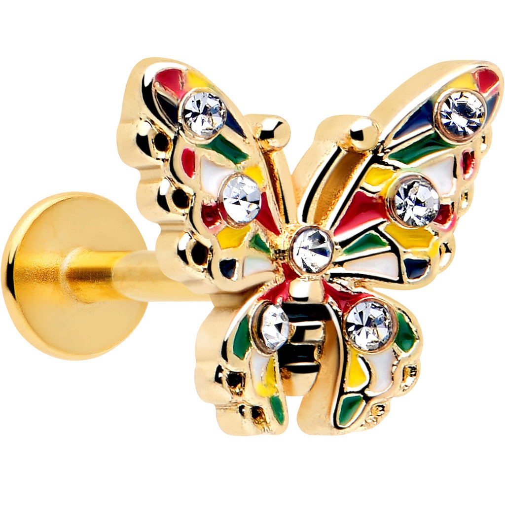 16G gold tone labret stud featuring a colorful butterfly charm with red, yellow, and green enamel and clear gemstone accents