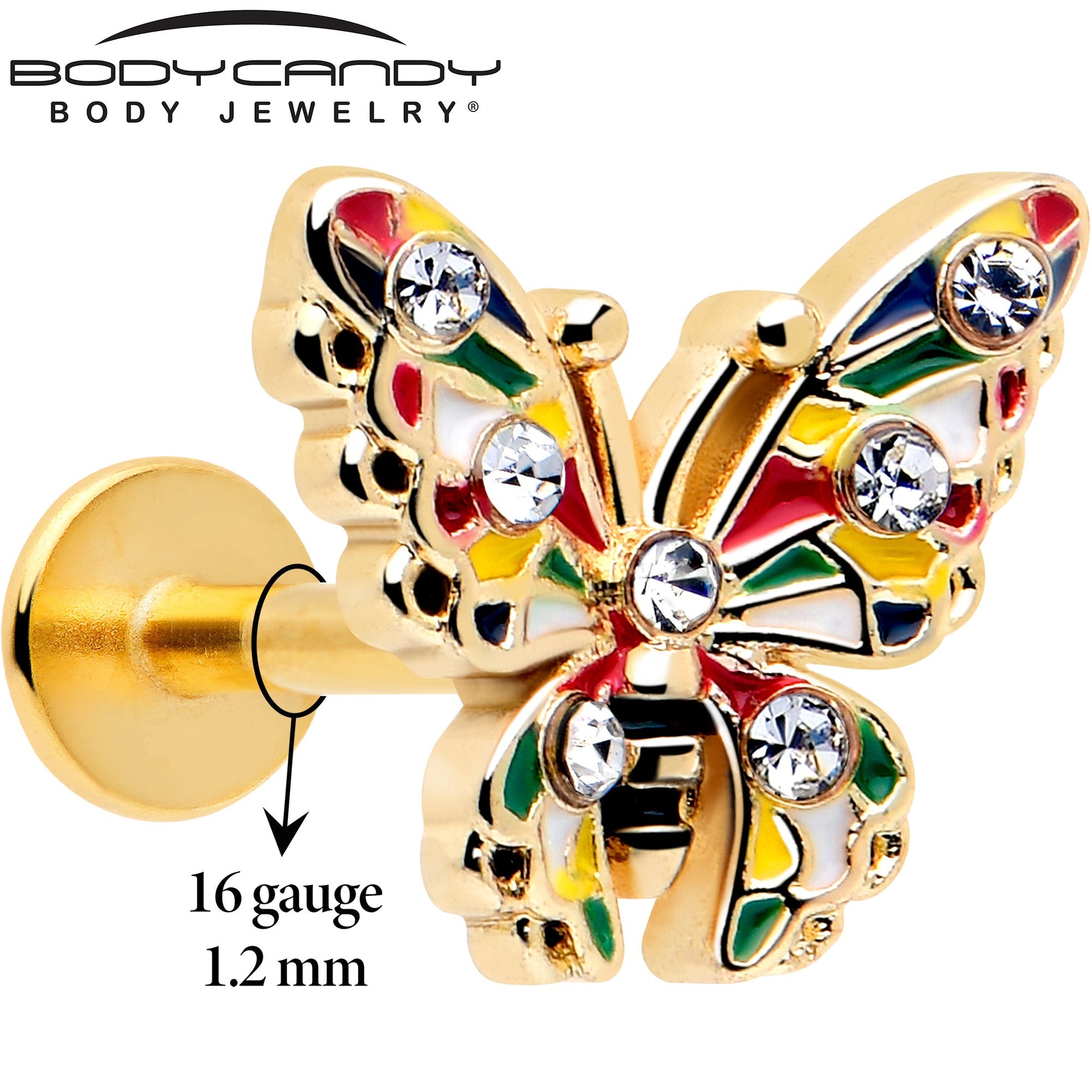 16G Gold Tone Butterfly Labret Stud with Multicolor Enamel - Image 2