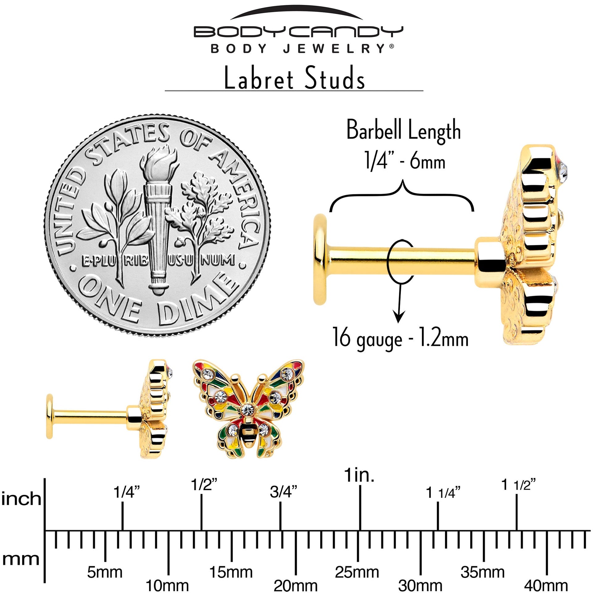 16G Gold Tone Butterfly Labret Stud with Multicolor Enamel - Image 5