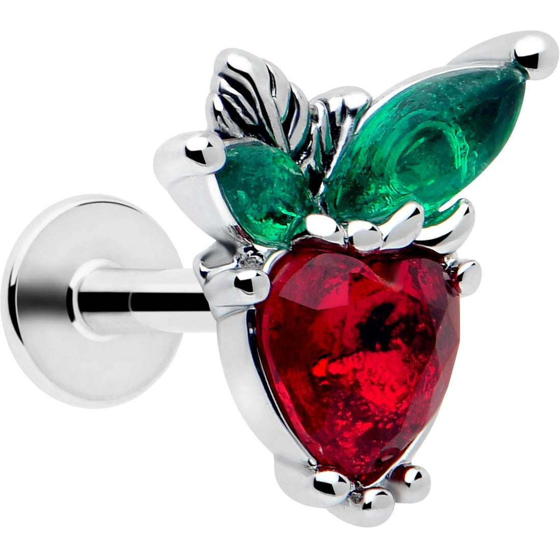 16G labret piercing jewelry featuring a heart-shaped red strawberry gem with green gem leaves on a stainless steel post.