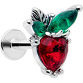 16G labret piercing jewelry featuring a heart-shaped red strawberry gem with green gem leaves on a stainless steel post.