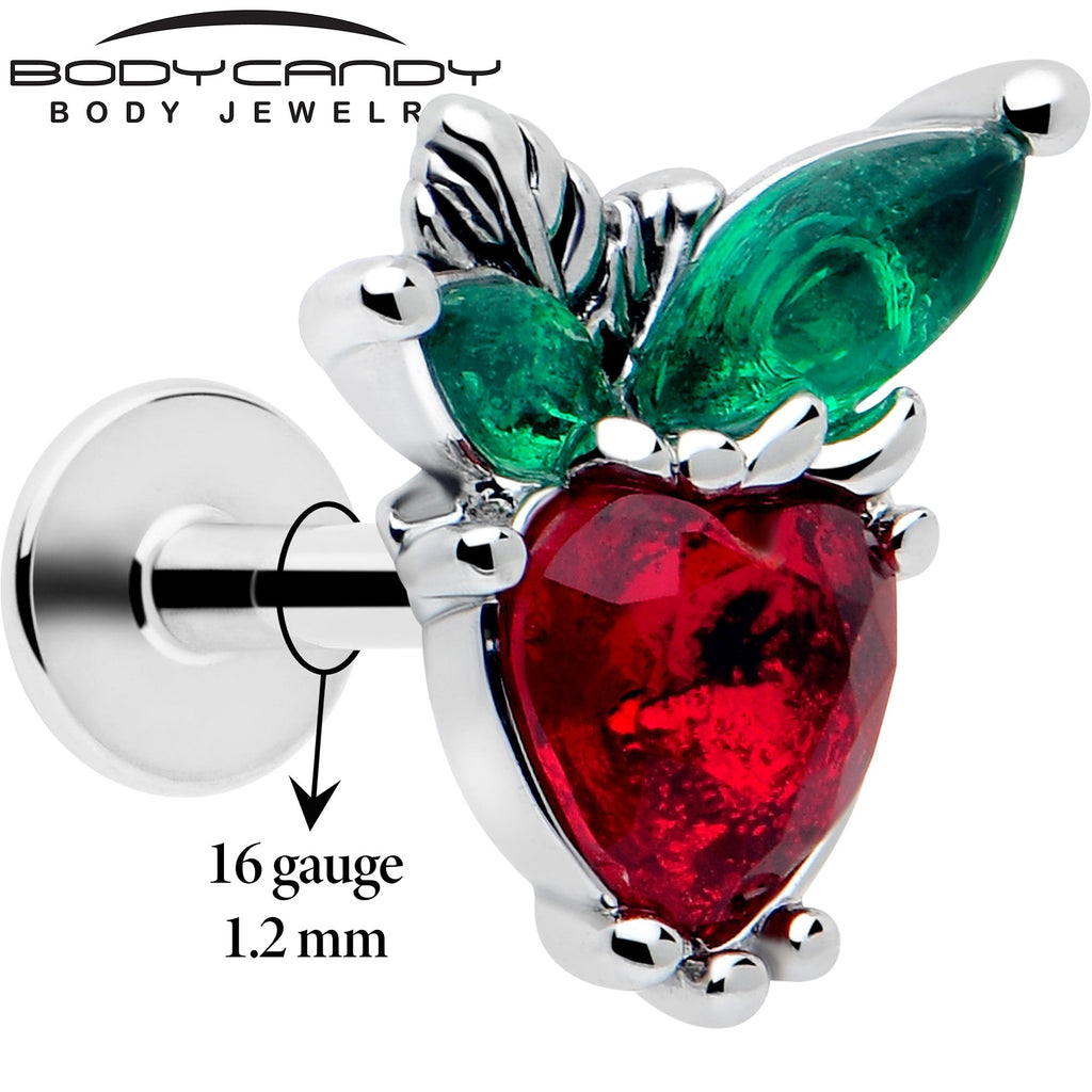 16G Red and Green Gem Strawberry Heart Labret Lip Ring - Image 2