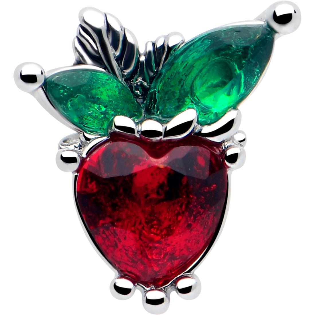 16G Red and Green Gem Strawberry Heart Labret Lip Ring - Image 3