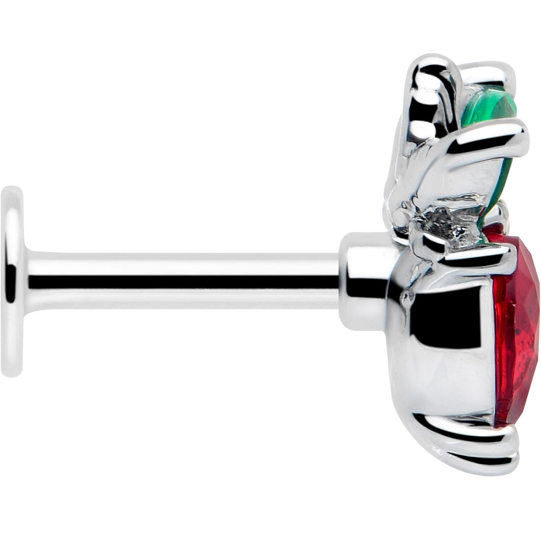 16G Red and Green Gem Strawberry Heart Labret Lip Ring - Image 4