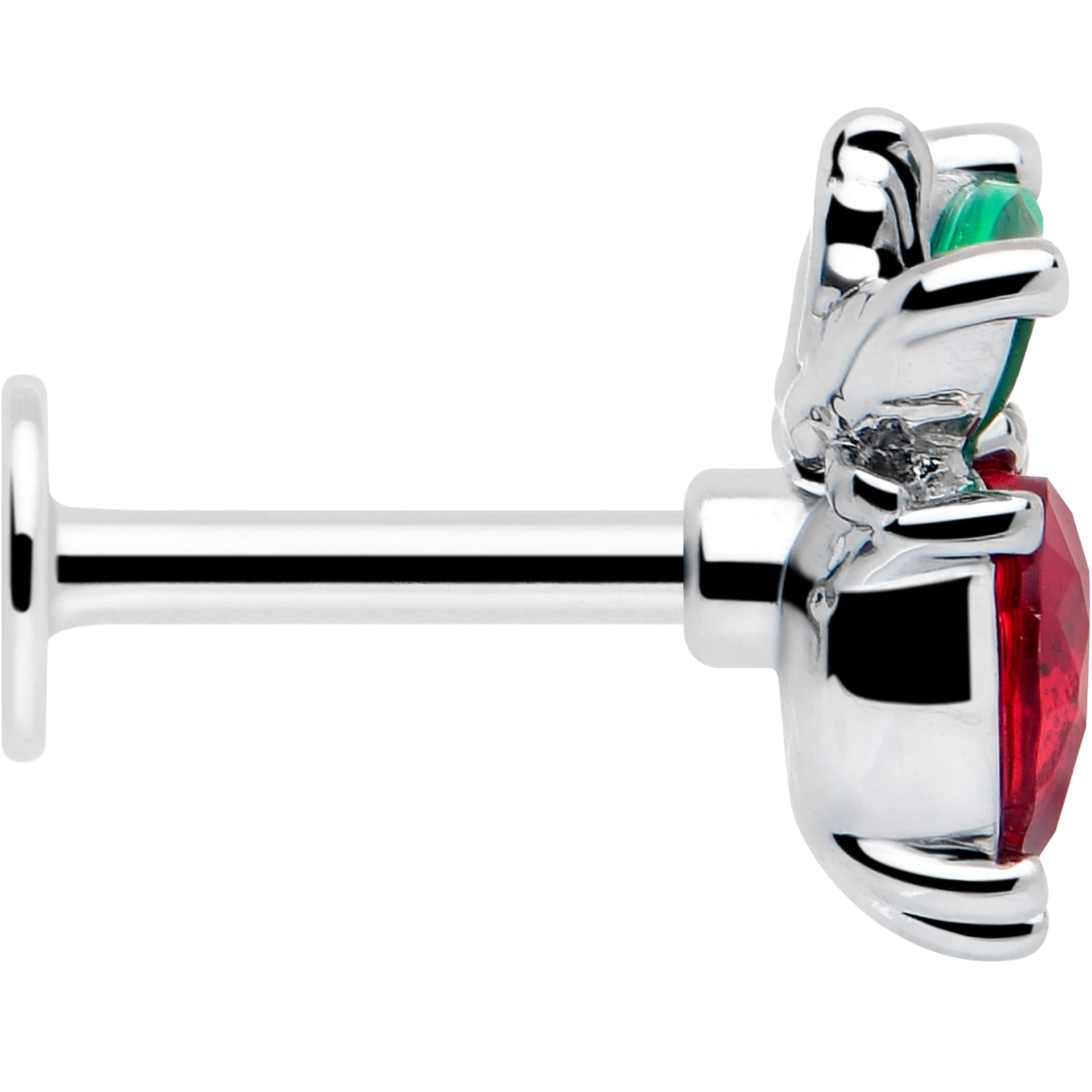16G Red and Green Gem Strawberry Heart Labret Lip Ring - Image 4