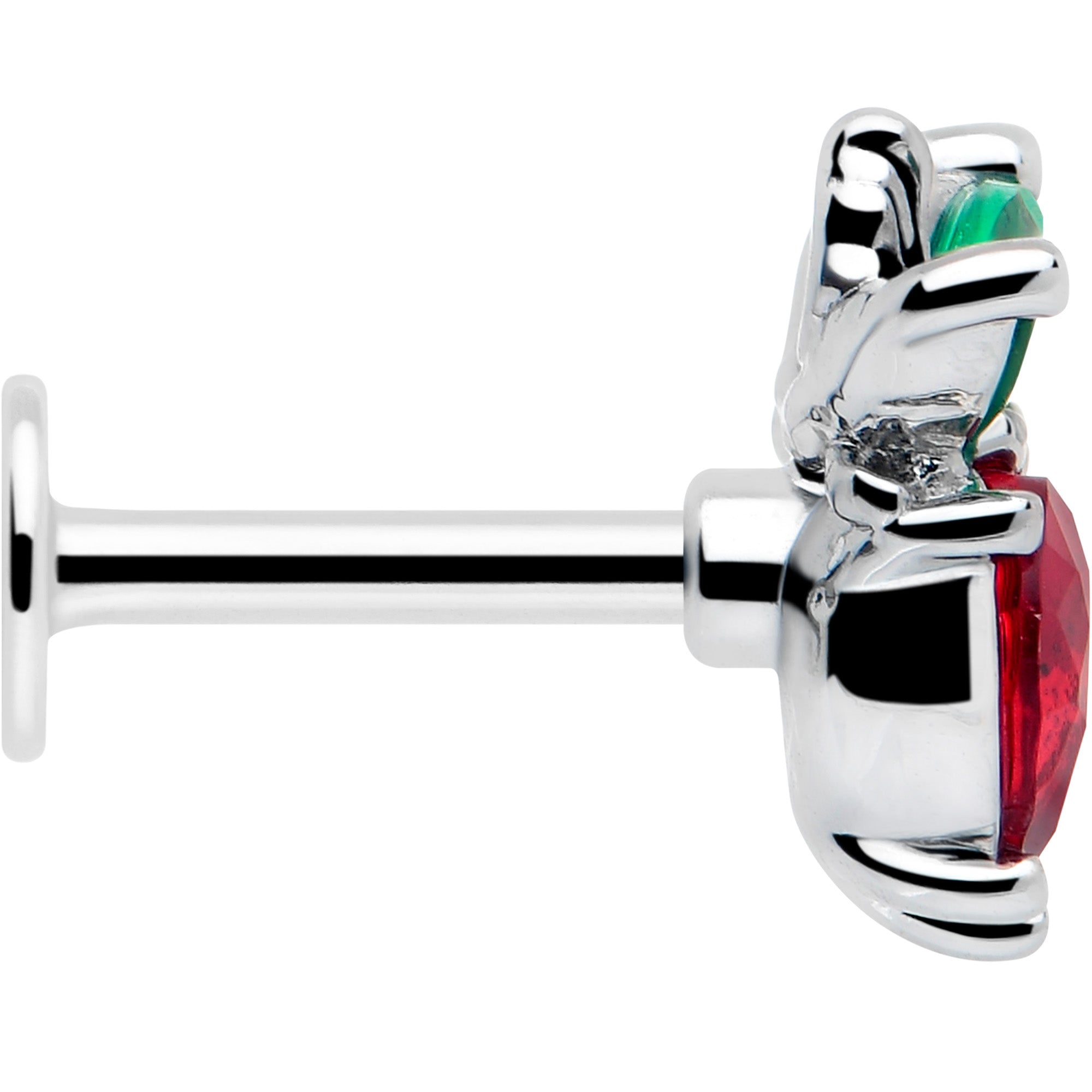 16G Red and Green Gem Strawberry Heart Labret Lip Ring - Image 4