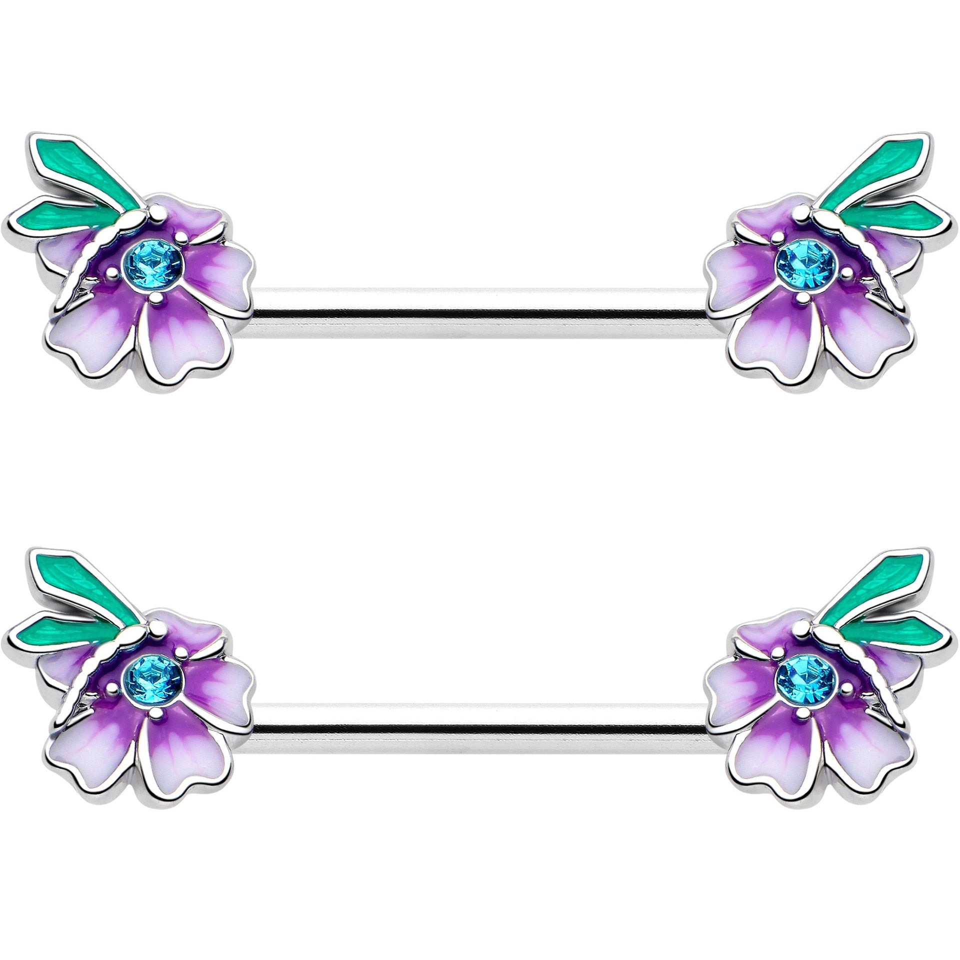 14G 9/16 Blue Gem Faerie Flower Purple Barbell Nipple Ring Set