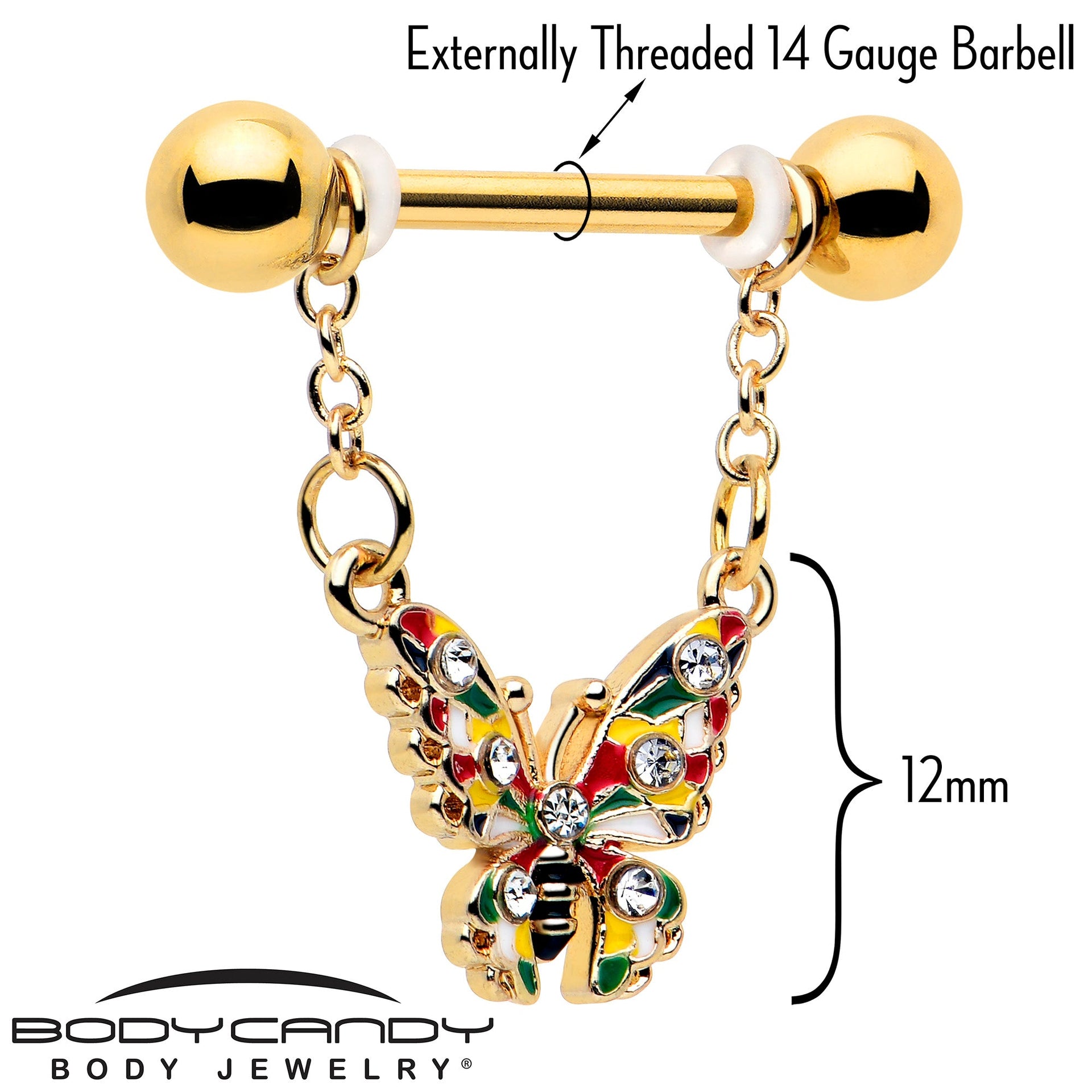 14G 9/16 Clear Gem Gold Tone Color Block Butterfly Dangle Nipple Ring Set