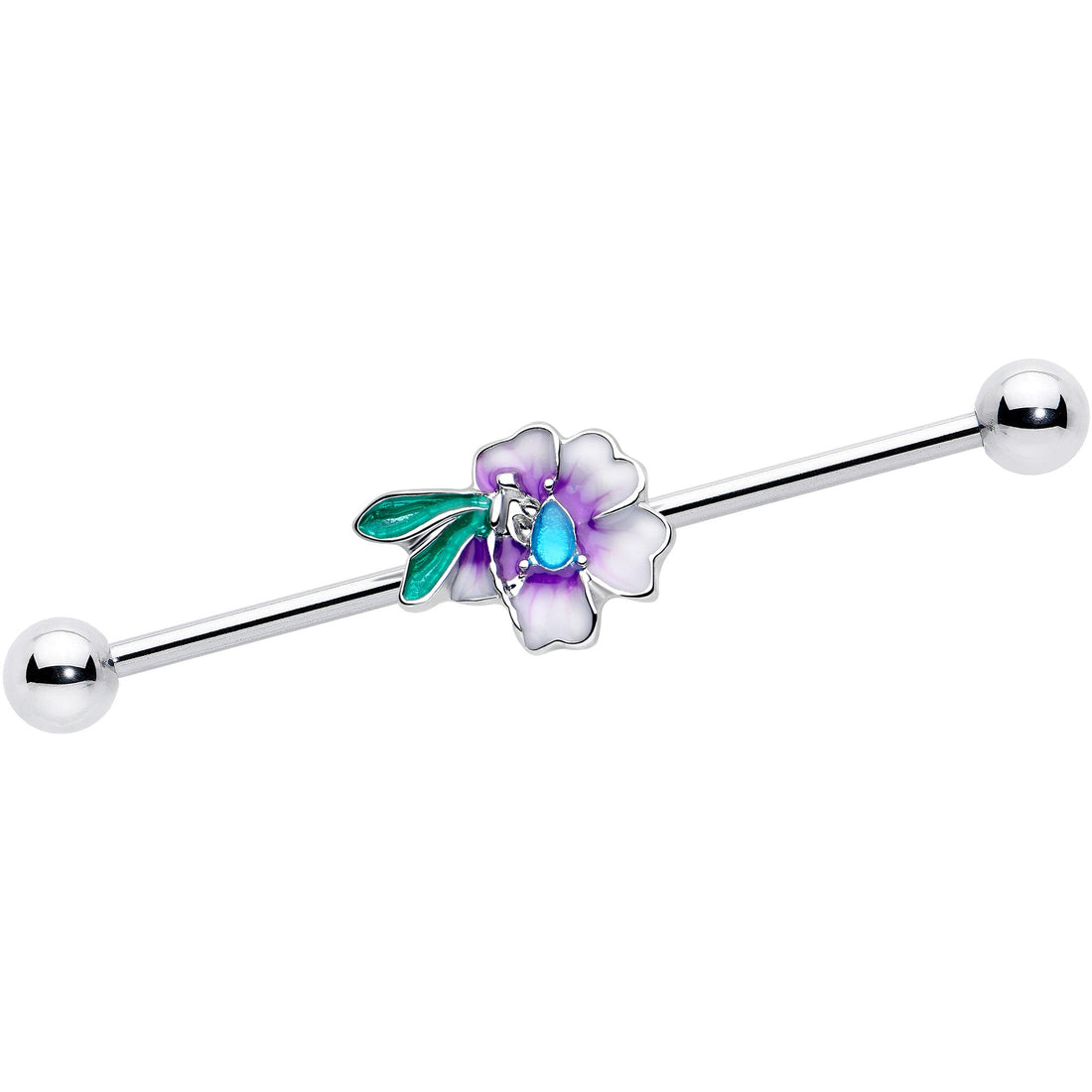 14G purple faerie flower industrial barbell with blue gem and green leaves