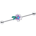 14G purple faerie flower industrial barbell with blue gem and green leaves