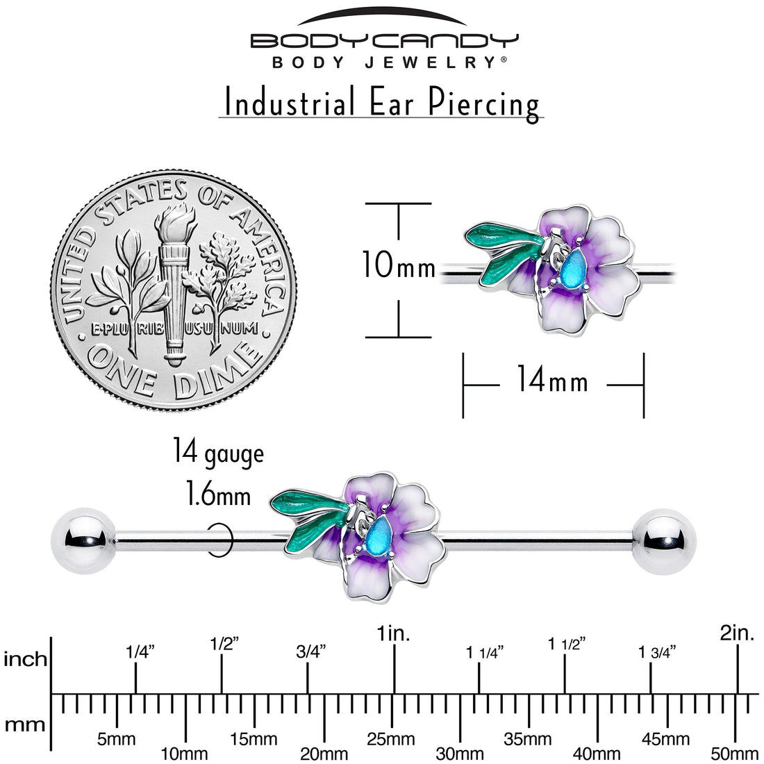 14G Purple Faerie Flower Industrial Barbell 38mm - Image 5
