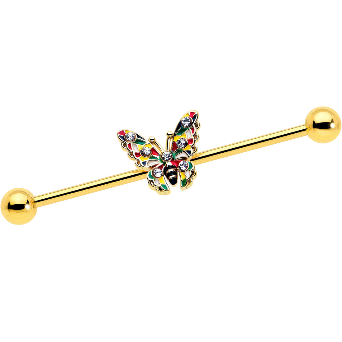 14G industrial barbell with a gold-tone finish featuring a color-blocked butterfly charm with clear gems.