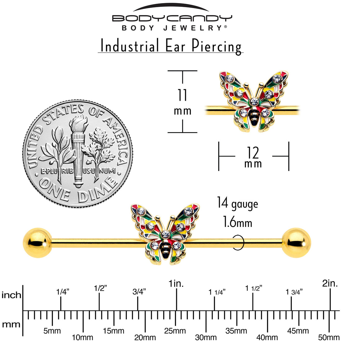 14G Color Block Butterfly Industrial Barbell 38mm - Image 5