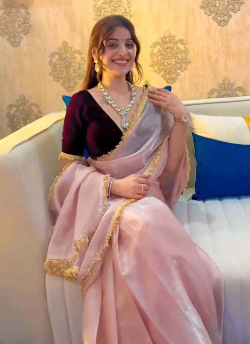 Pink Soft Zimmy Silk Saree with Elegant Fancy Lace Border