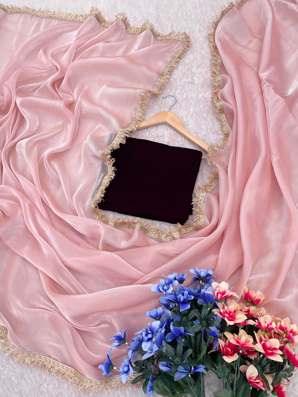 Pink Soft Zimmy Silk Saree with Elegant Fancy Lace Border