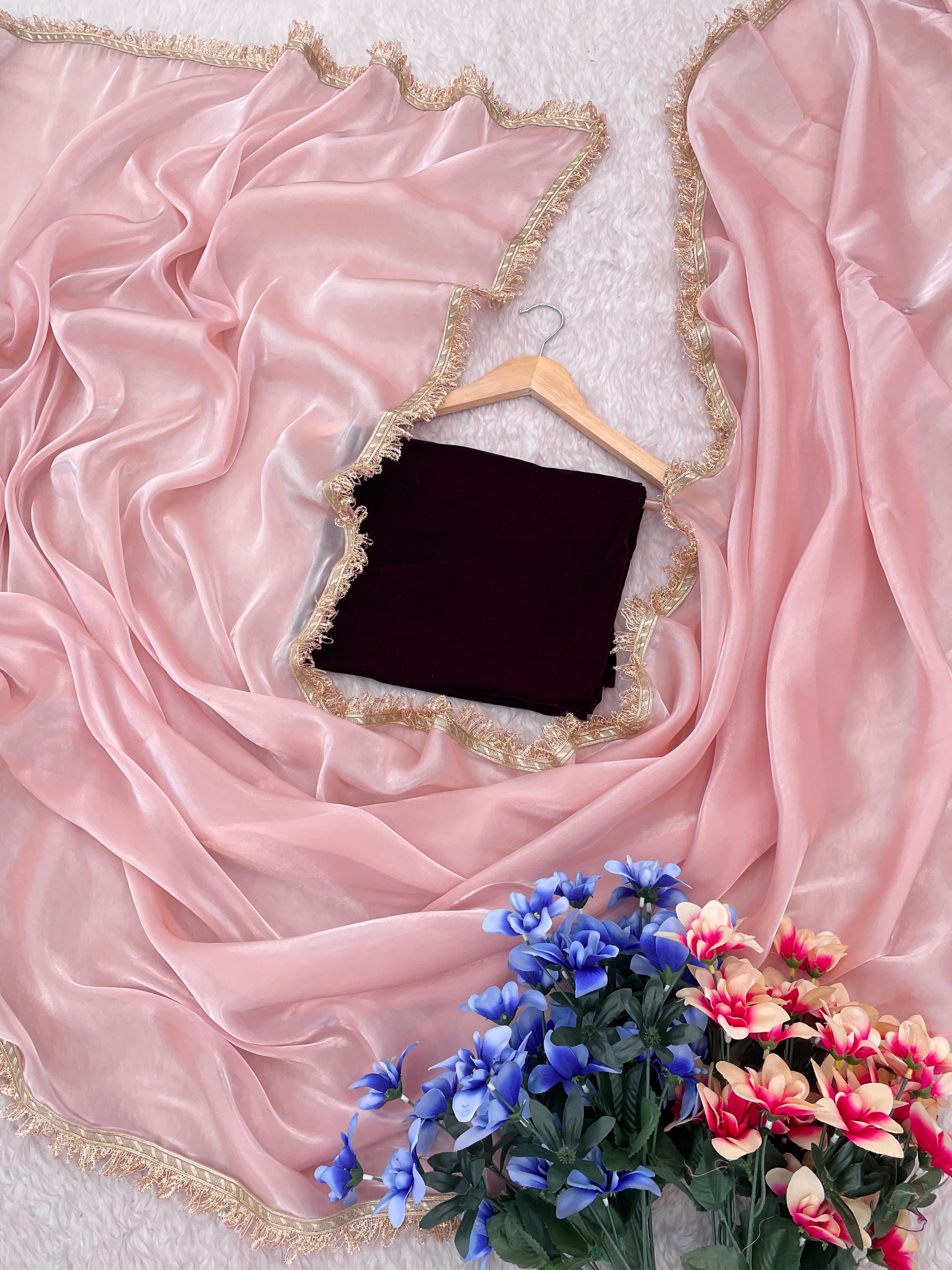 Pink Soft Zimmy Silk Saree with Elegant Fancy Lace Border