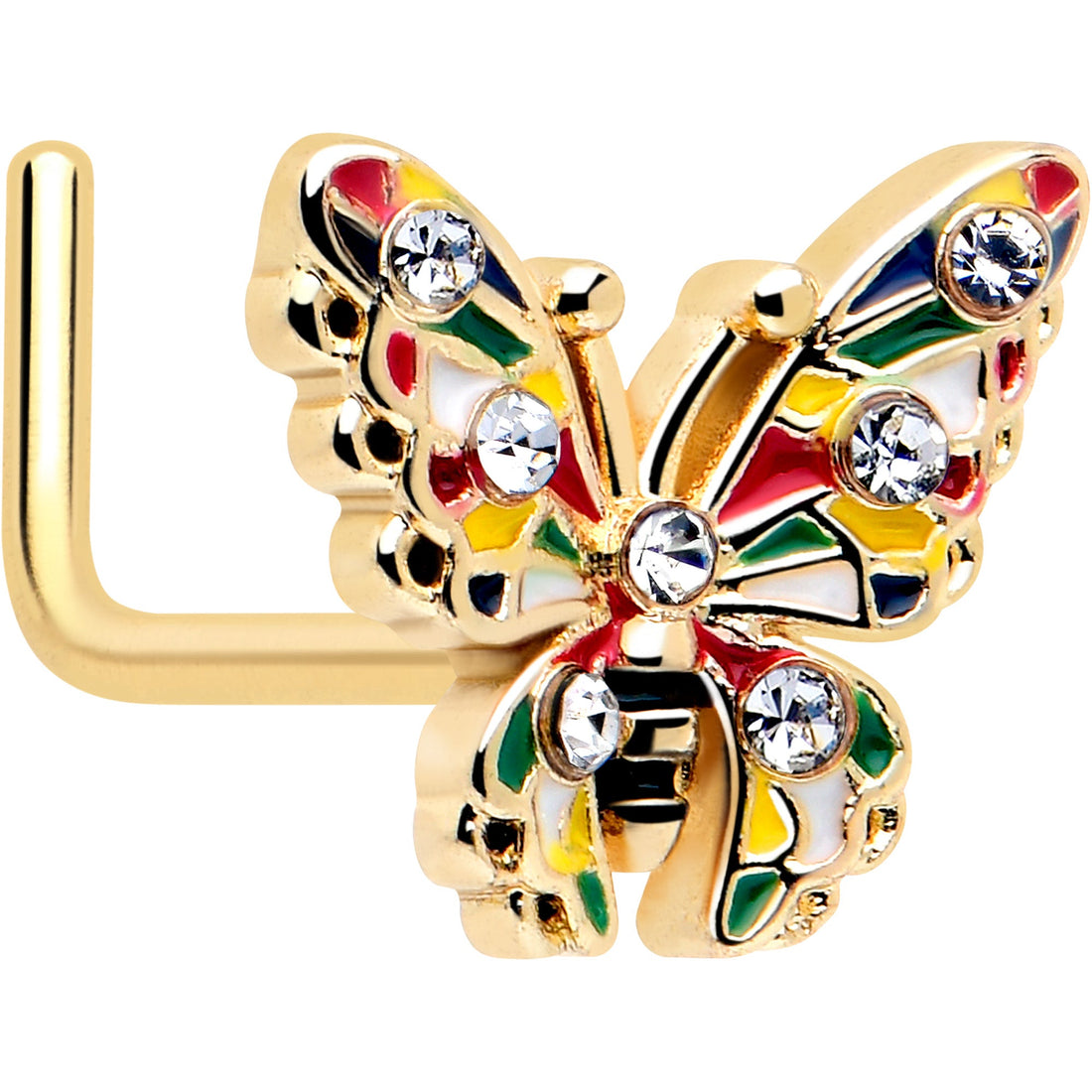 20 gauge nose ring with a butterfly charm, multicolor enamel wings, clear gems, and a gold-tone L-shaped post.