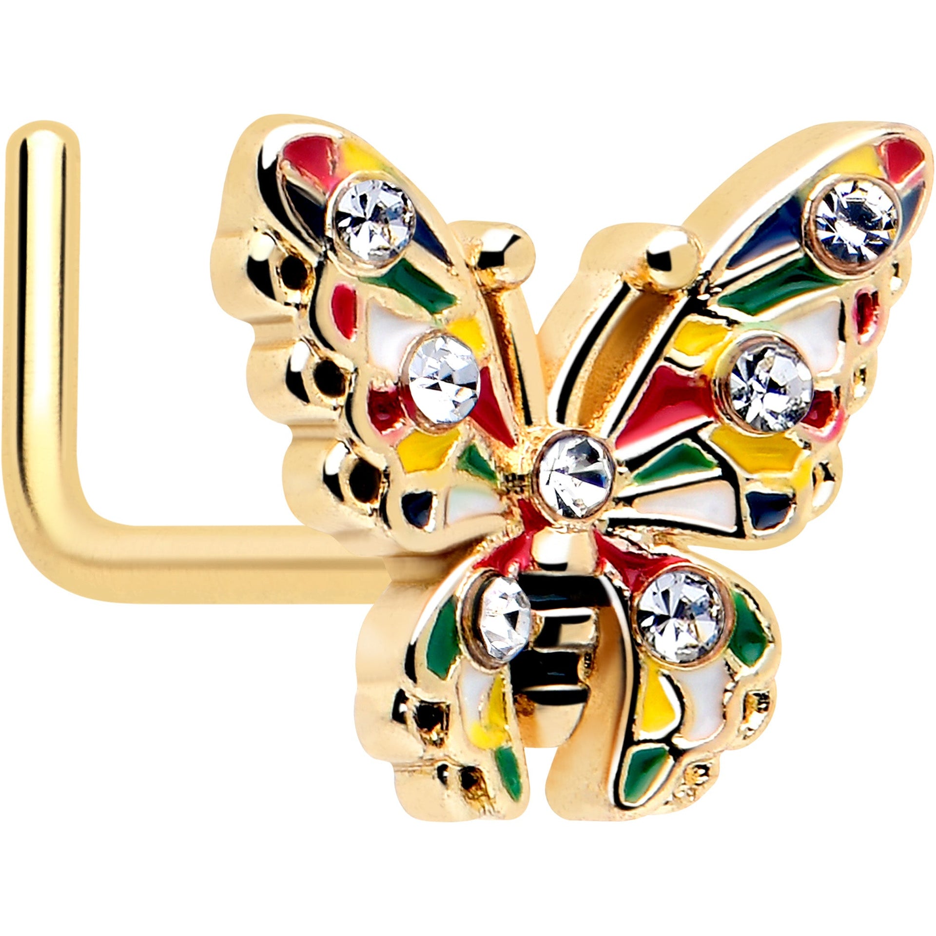 20 gauge nose ring with a butterfly charm, multicolor enamel wings, clear gems, and a gold-tone L-shaped post.