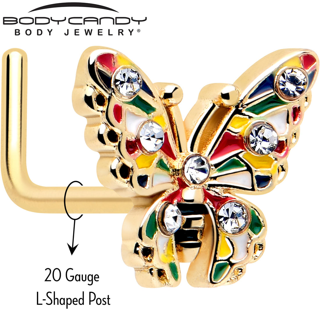 20G Multicolor Butterfly L Shape Nostril Ring in Gold Tone - Image 2