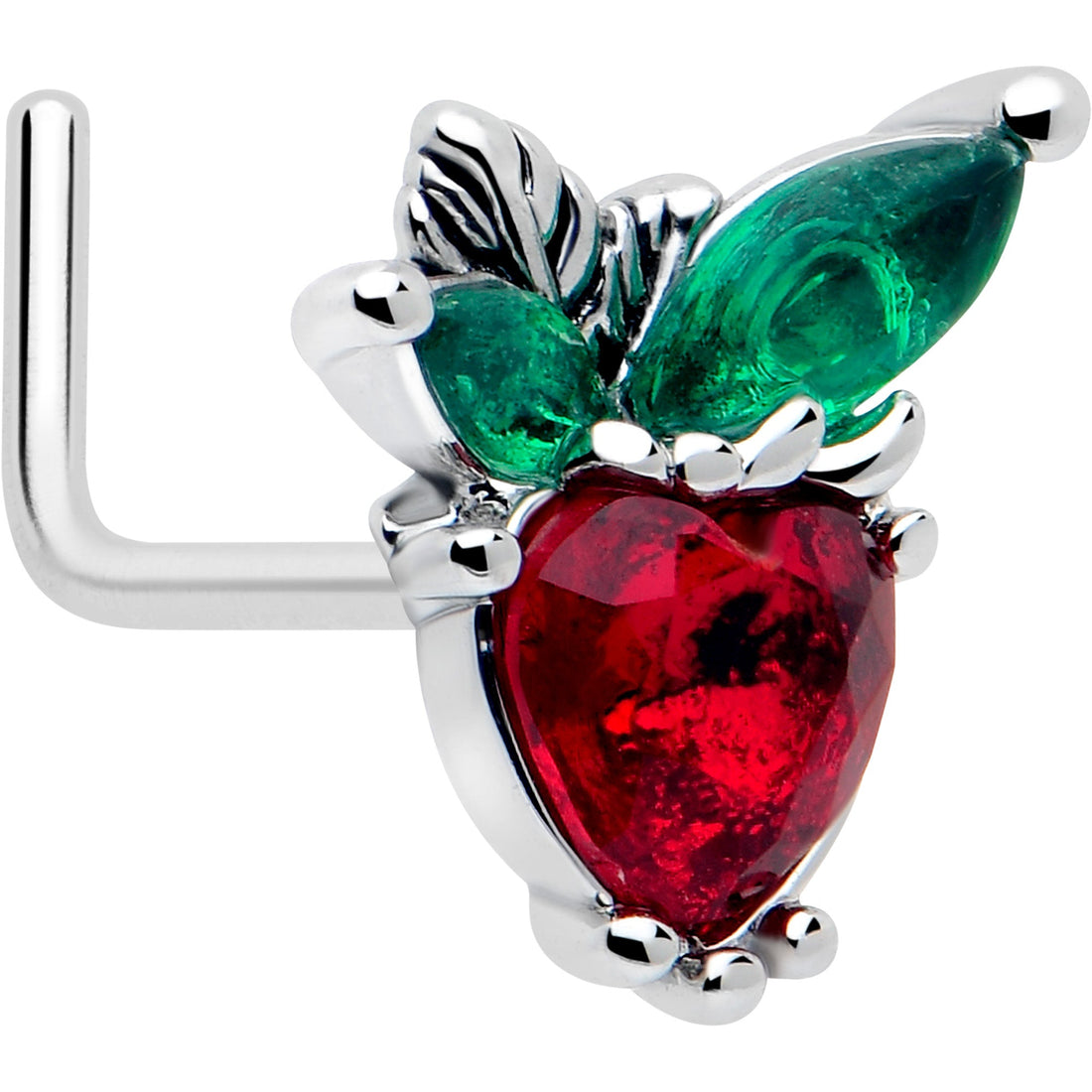 20G L-shape nose ring featuring a red heart-shaped strawberry gem and green leaf accents in stainless steel