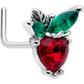 20G L-shape nose ring featuring a red heart-shaped strawberry gem and green leaf accents in stainless steel