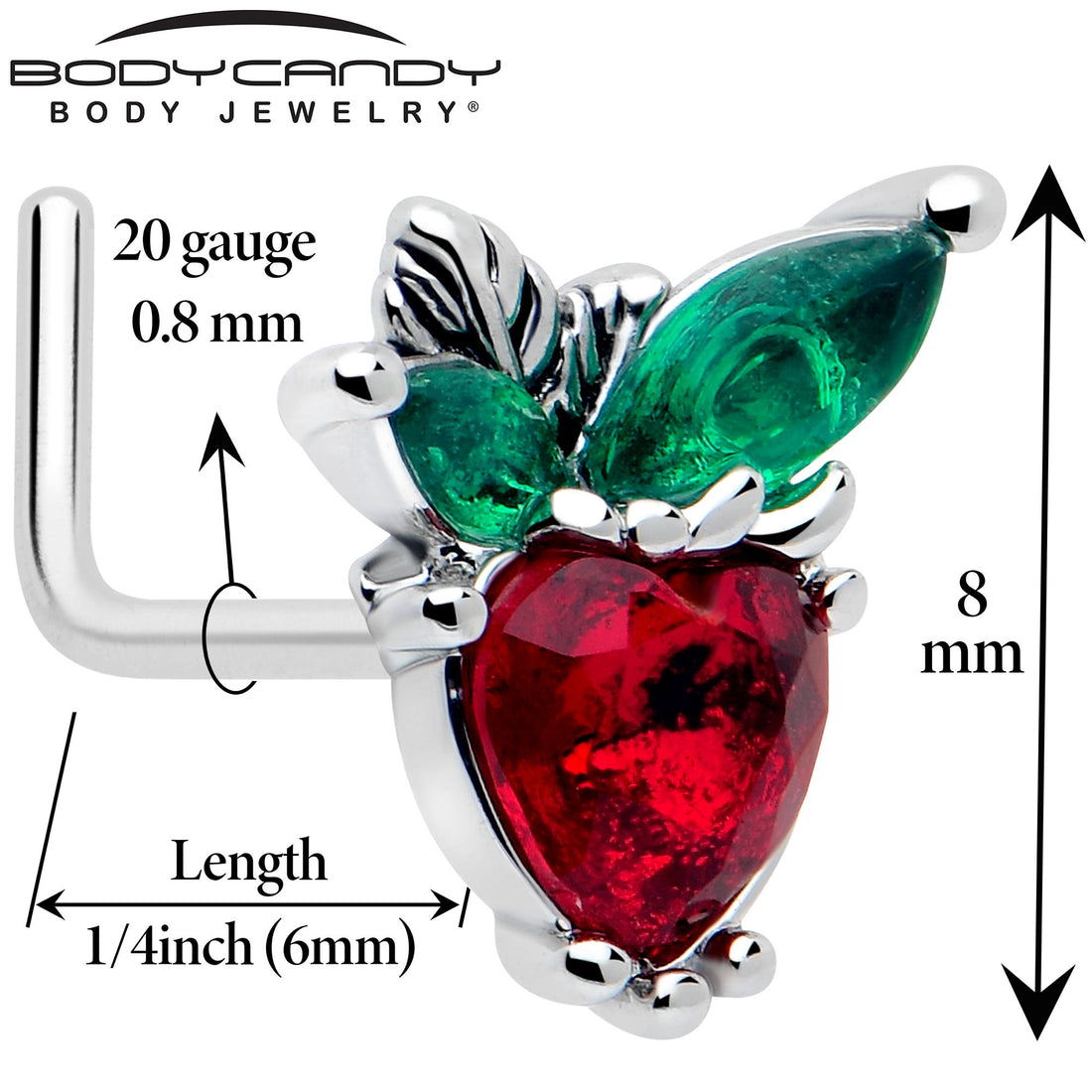 20G Red and Green Gem Strawberry Heart L Shape Nose Ring - Image 2